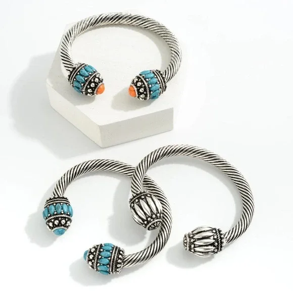 Twisted Cable Metal Western Bangle With Turquoise Stone Accents - Picture 3 of 3